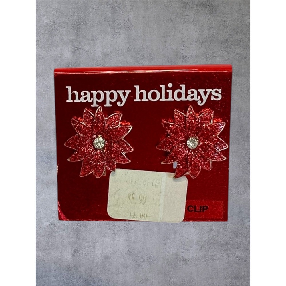 NEW Poinsettia 1" Earrings Red Glitter Holiday Clip On Floral